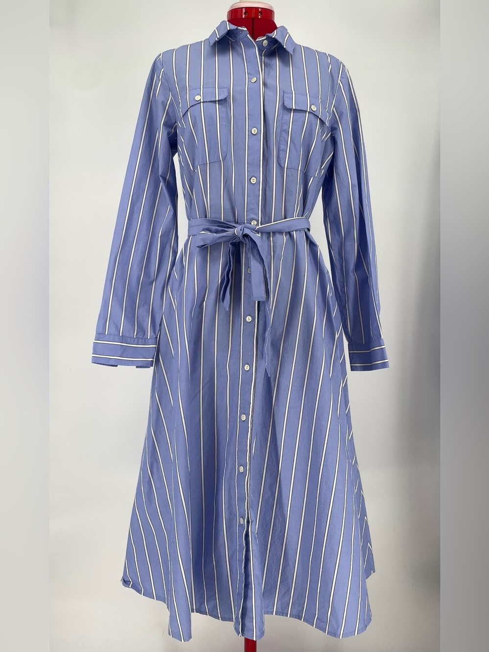 100% Cotton Talbots Blue & White Long Sleeve Belted A-line Shirt Dress Stripes